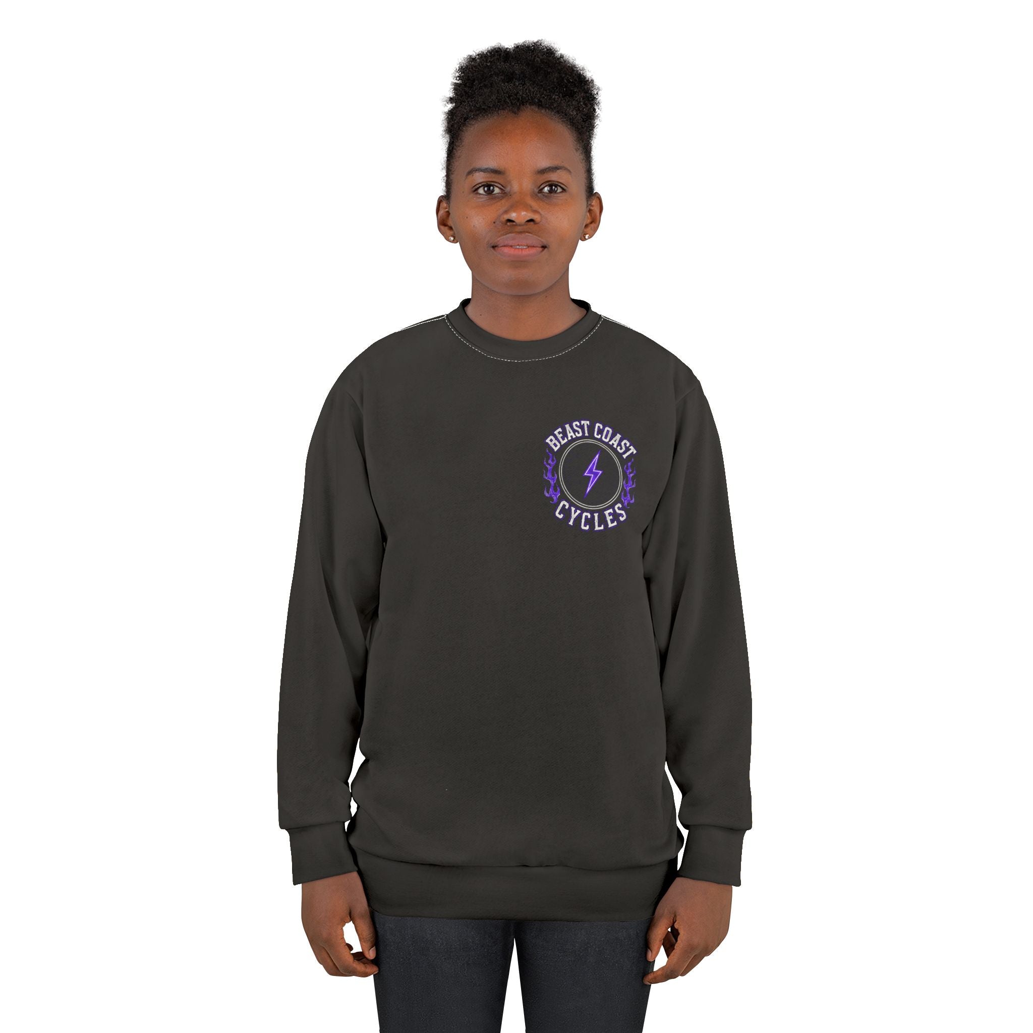 Beast Coast Cycles Sweatshirt – Purple Flame Motorcycle Engine Crewneck