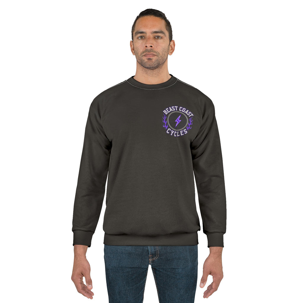 Beast Coast Cycles Sweatshirt – Purple Flame Motorcycle Engine Crewneck