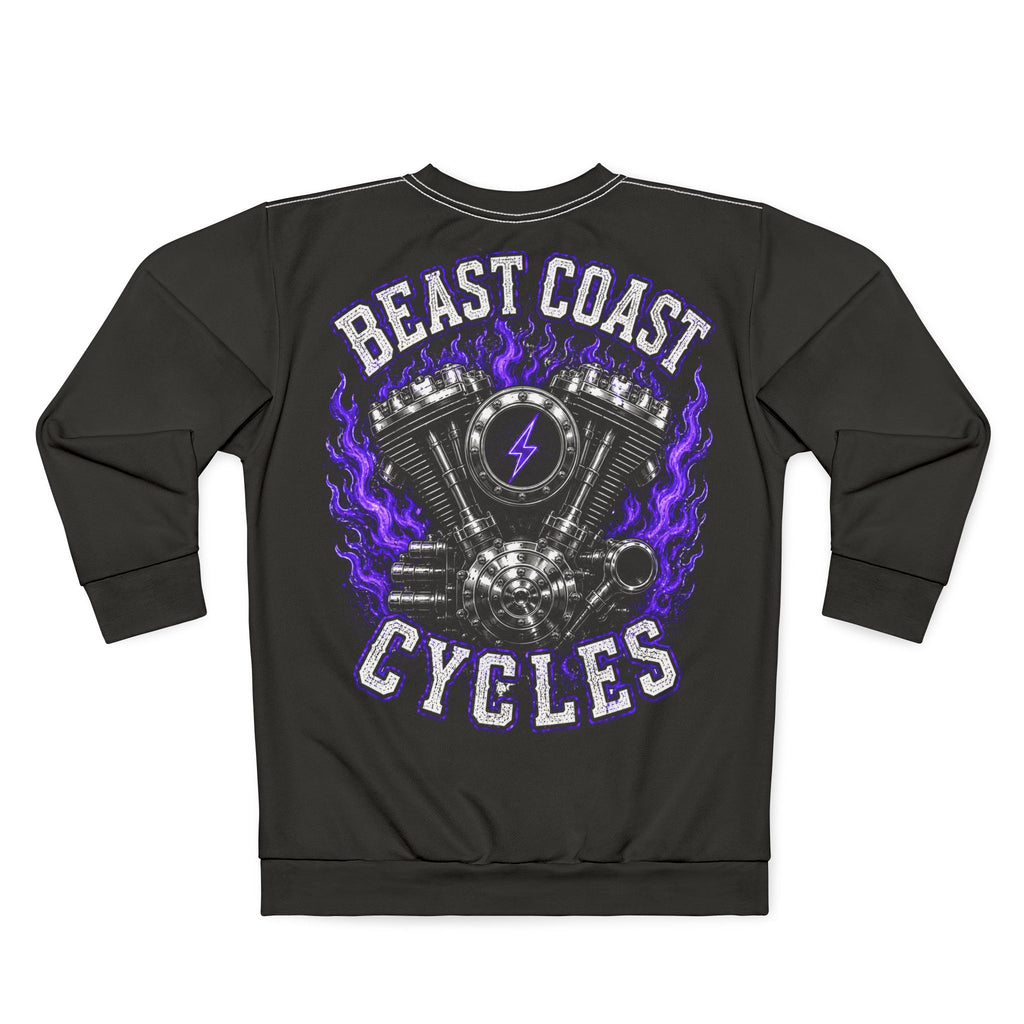 Beast Coast Cycles Sweatshirt – Purple Flame Motorcycle Engine Crewneck