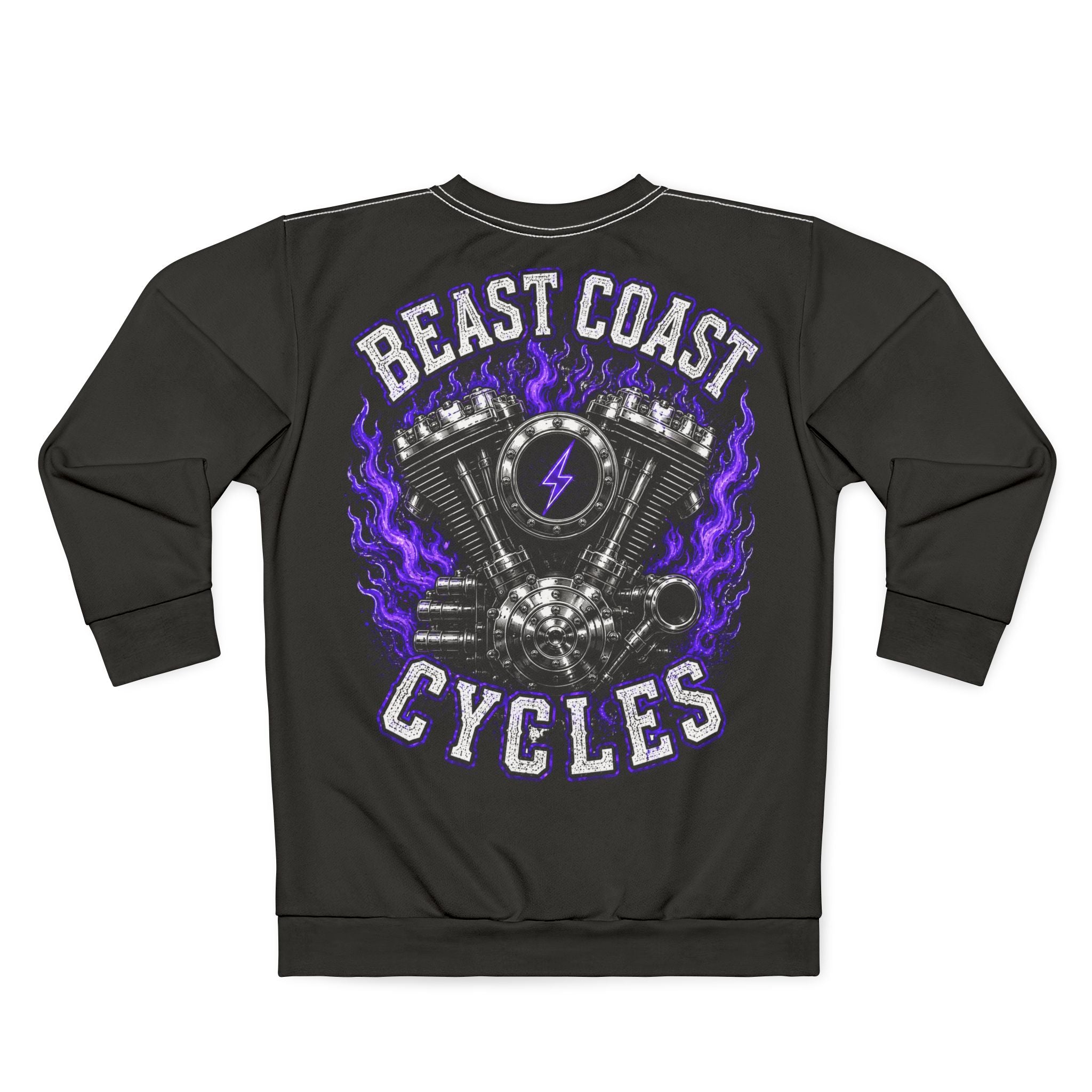 Beast Coast Cycles Sweatshirt – Purple Flame Motorcycle Engine Crewneck