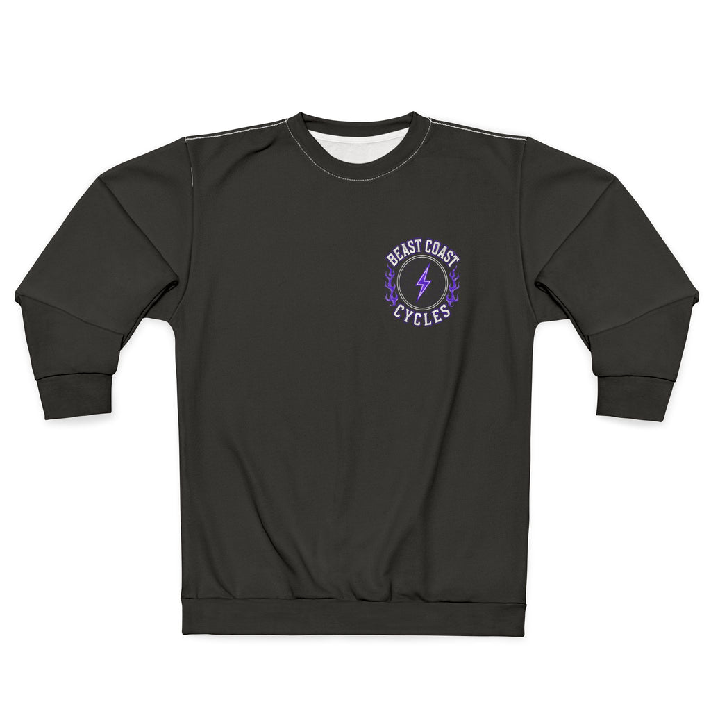 Beast Coast Cycles Sweatshirt – Purple Flame Motorcycle Engine Crewneck