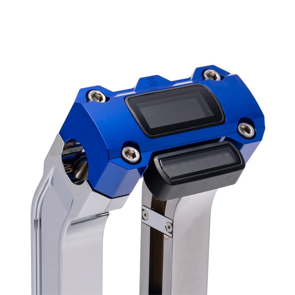 OG Chrome 10.5 inch Straight Risers with Blue Digital Gauge Cut Out Top Clamp