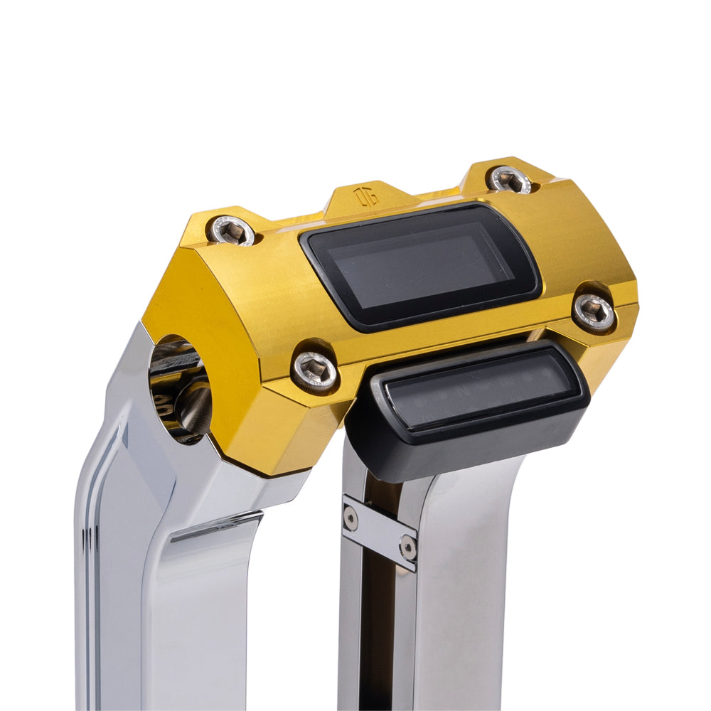 OG Chrome 10.5 inch Straight Risers with Gold Digital Gauge Cut Out Top Clamp