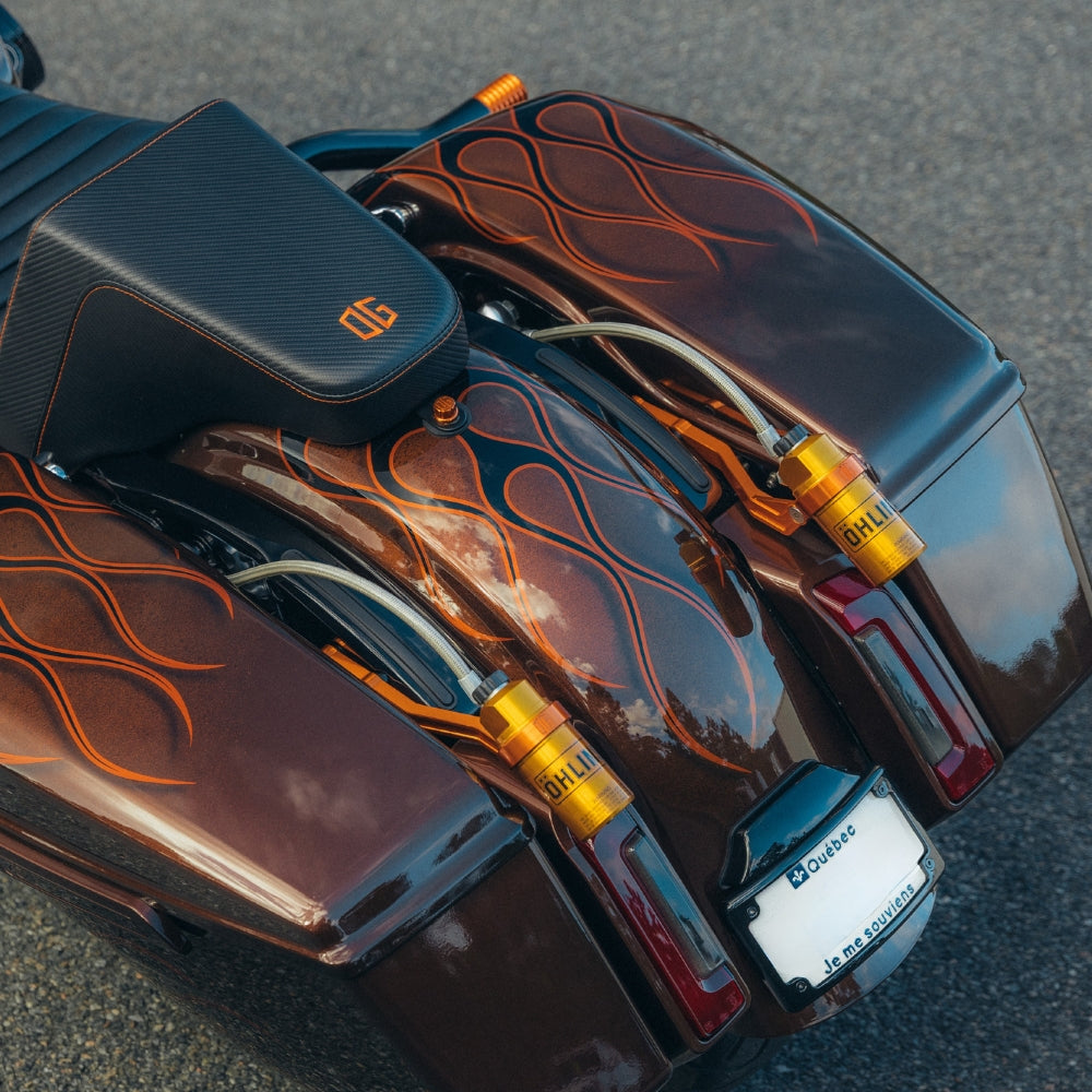 OG 2009-Up Touring Remote Reservoir Mounts installed on a 2024 Road Glide FLTR with Ohlins Suspension