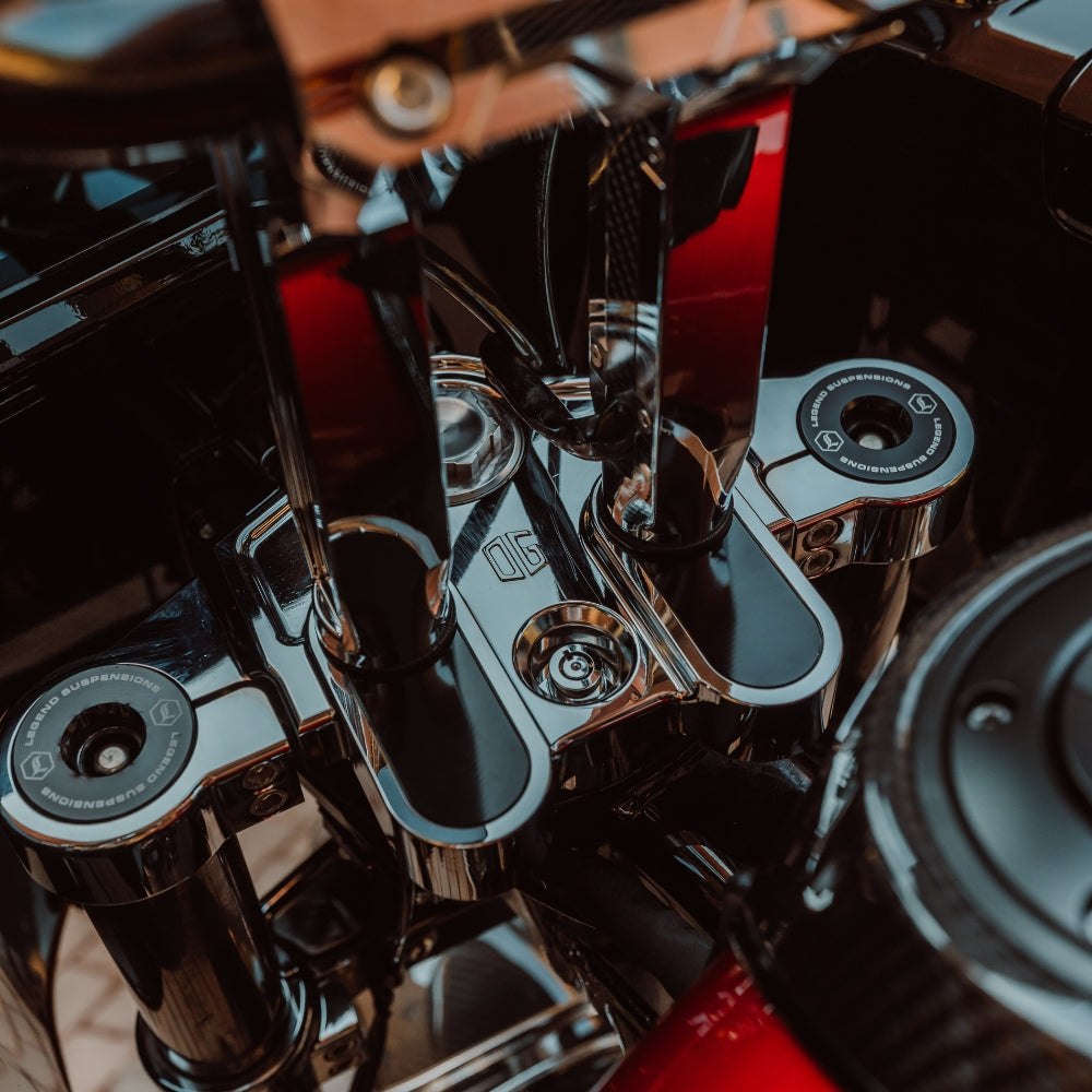 OG Chrome 2014-Up Touring Triple Trees kit installed on a 2024 Road Glide Satndard