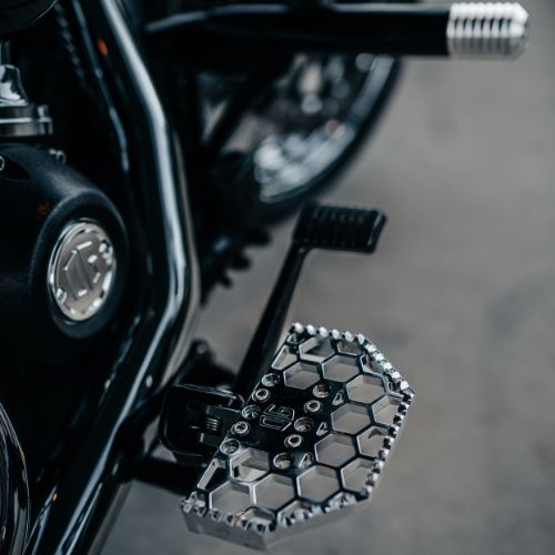 Original Garage Moto Chrome Mini Floorboards installed on a Harley-Davidson M8 Softail