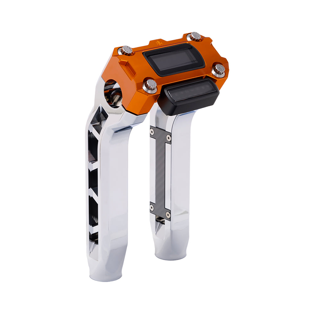 OG Chrome Performance 8.5 inch Pull Back Riser Legs with Orange Performance Digital Gauge Top Clamp
