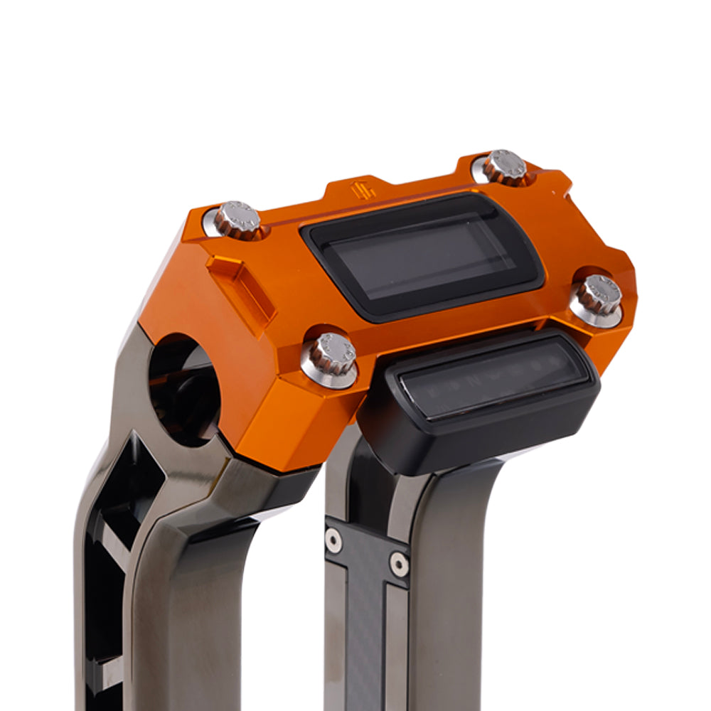 OG Orange Performance Digital Gauge Top Clamp on OG Black Chrome Performance Riser Legs
