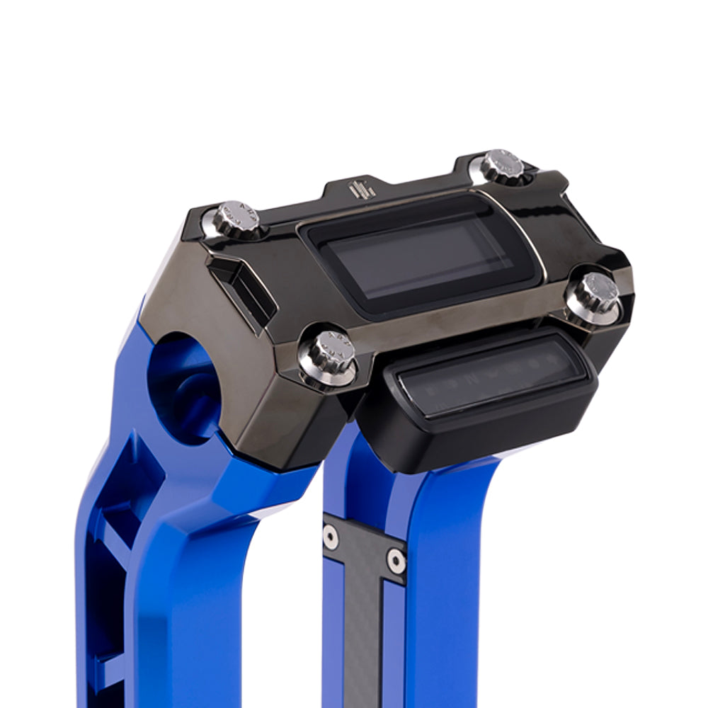 OG Black Chrome Performance Digital Gauge Top Clamp on OG Blue Performance Riser Legs