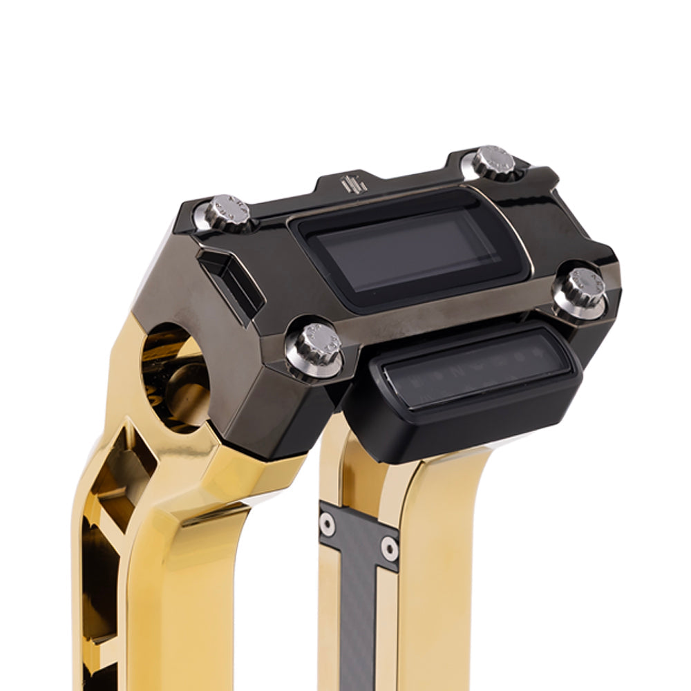 OG Black Chrome Performance Digital Gauge Top Clamp on OG Gold Plating Performance Riser Legs
