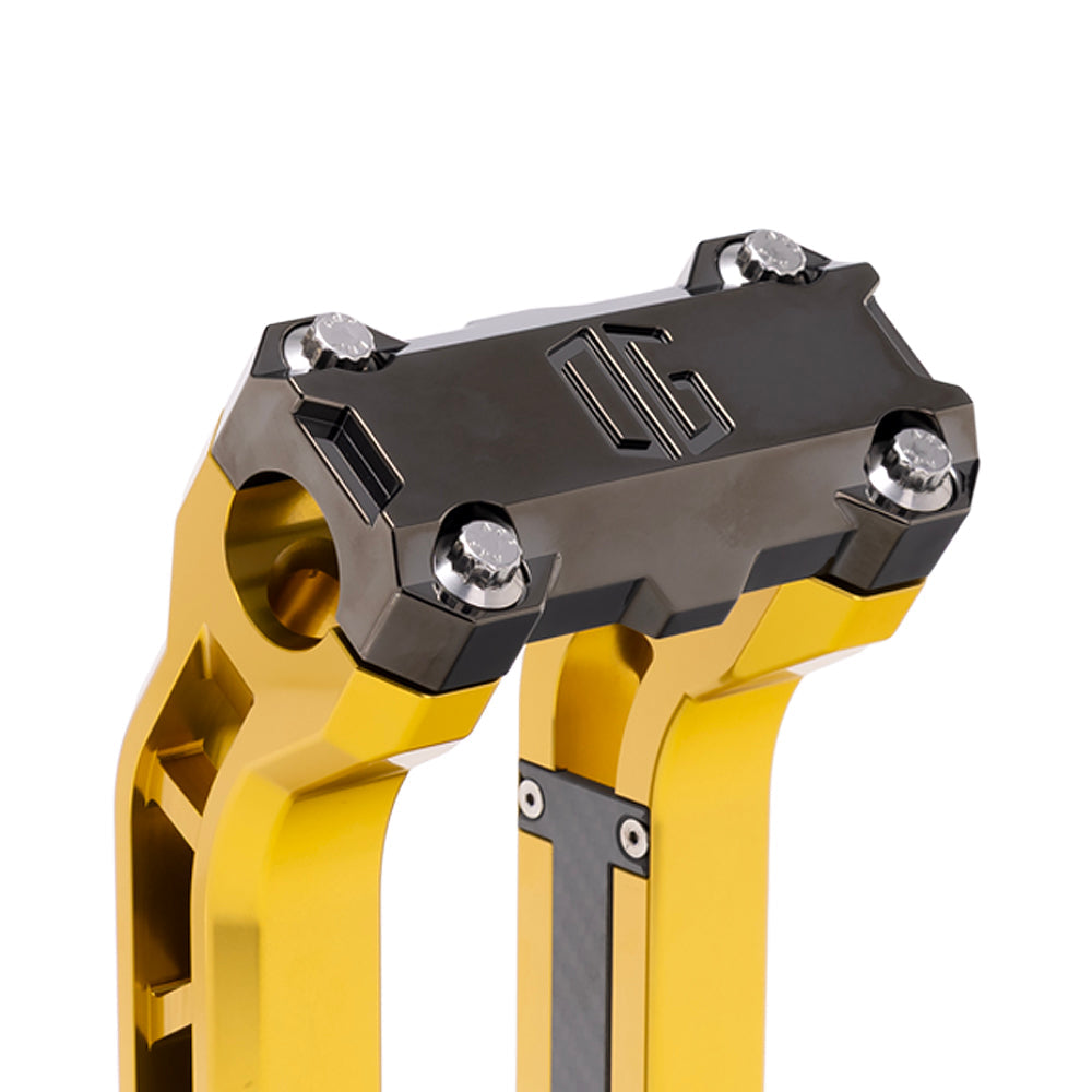 OG Black Chrome Performance Top Clamp on OG Gold Performance Riser Legs