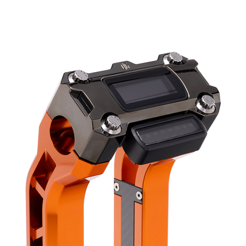 OG Black Chrome Performance Digital Gauge Top Clamp on OG Orange Performance Riser Legs