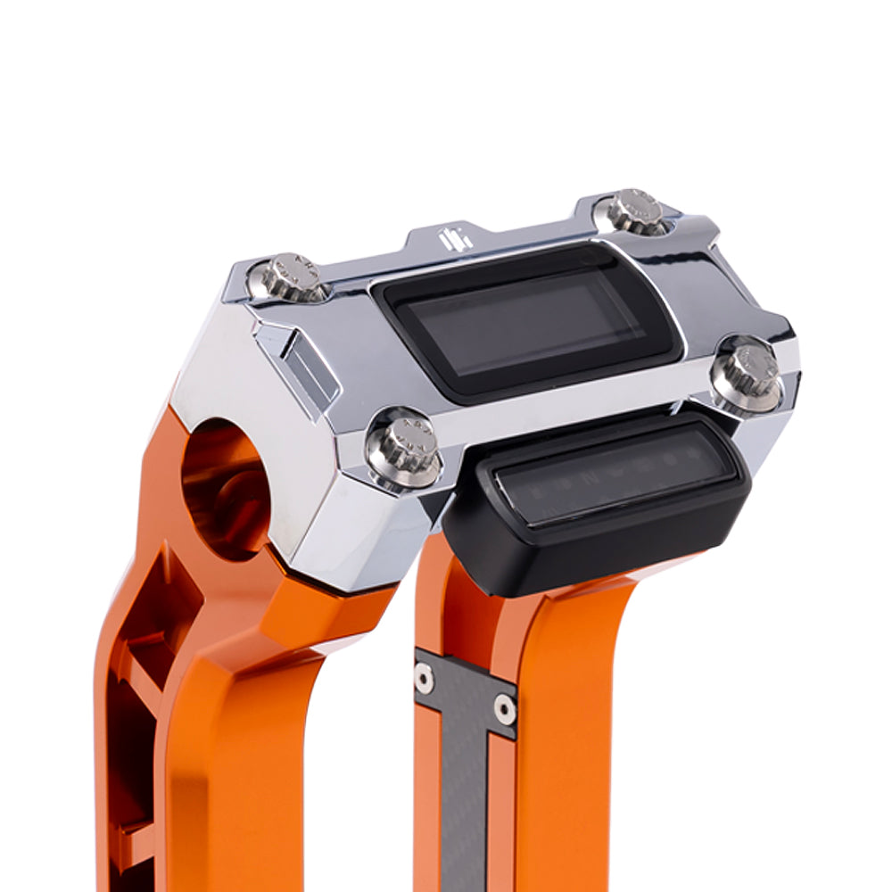 OG Chrome Performance Digital Gauge Top Clamp on OG Orange Performance Riser Legs