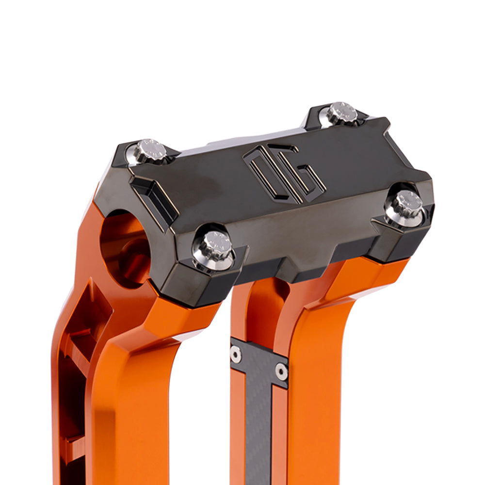 OG Black Chrome Performance Top Clamp on OG Orange Performance Riser Legs