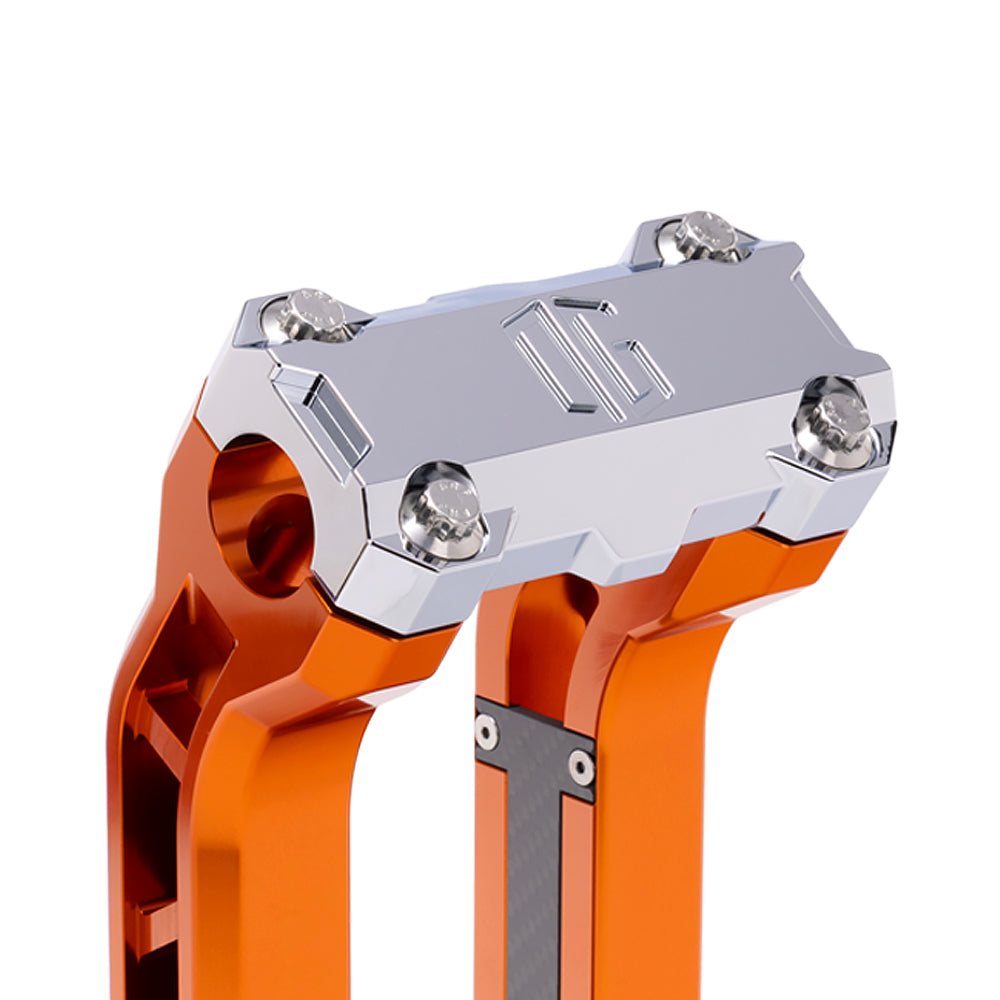 OG Chrome Performance Top Clamp on OG Orange Performance Riser Legs
