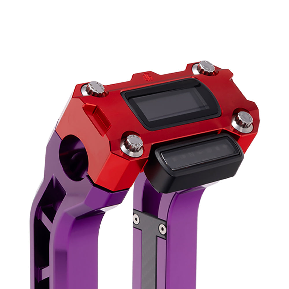 OG Red Performance Digital Gauge Top Clamp on OG Purple Performance Riser Legs