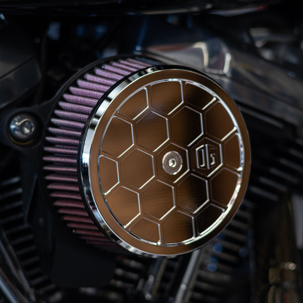 OG Chrome Round Air Cleaner Cover HoneyComp installed on a Harley-Davidson